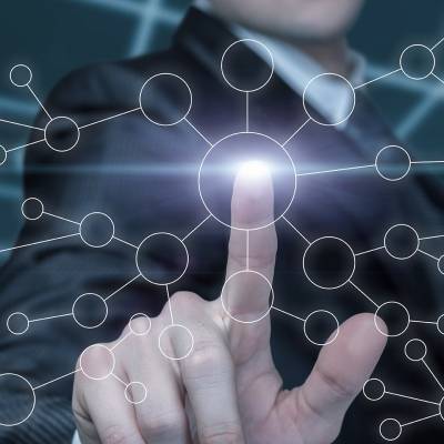Business,Man,Clicks,On,Network,Connection,On,Dark,Background. Business man clicks on network connection on dark background.
